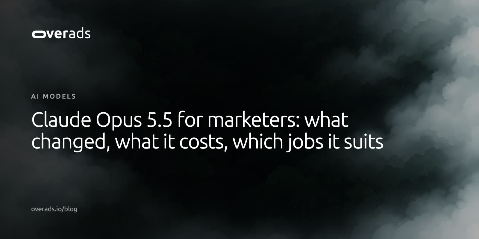 Title card on a dark, misty photograph: the overads wordmark, the label AI models, and the headline Claude Opus 5.5 for marketers: what changed, what it costs, which jobs it suits
